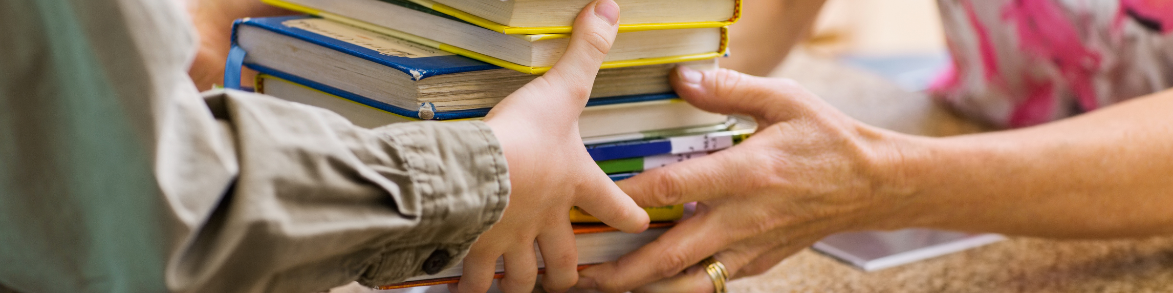 Borrowing Guidelines header showing librarian handing patron a stack of books