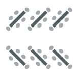 two rows of tables placed diagonally with seating surrounding each table.