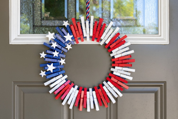 red white and blue clothes pin wreath