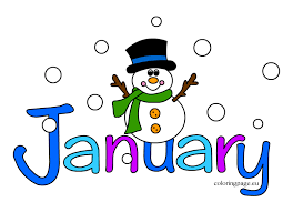 the word January with a snowman wearing a green scarf and a black hat
