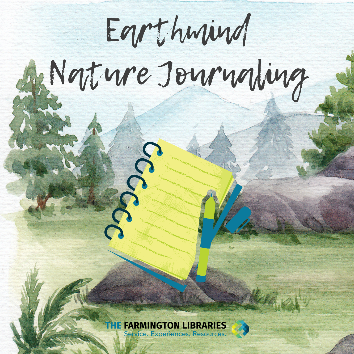 Earthmind nature journaling in scripted writing with a watercolor nature scene as the background