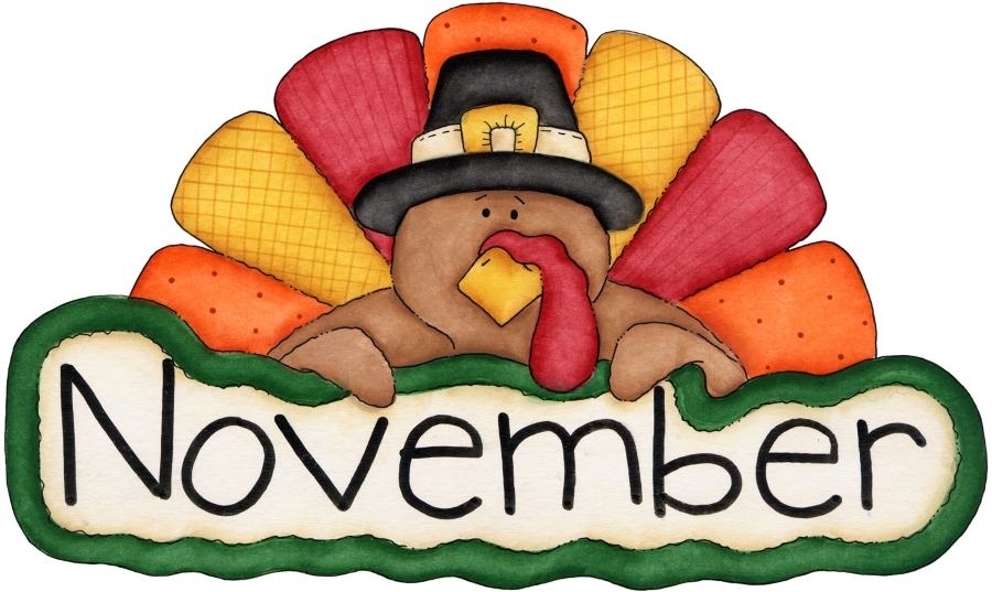 word november with a turkey with red, yellow and orange feathers wearing a pilgrim hat