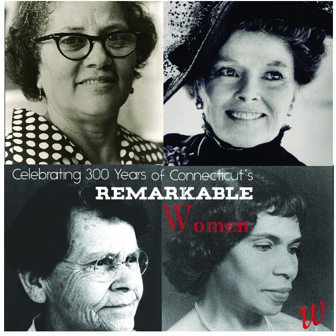 black and white of four iconic women in Connecticut with white text across it. 