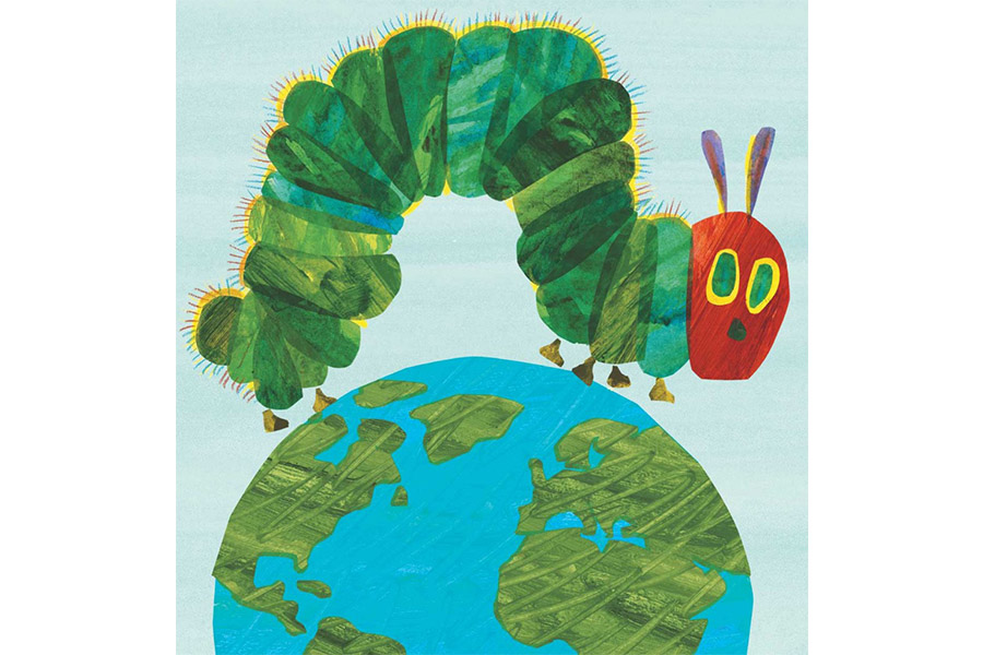 The very hungry caterpillar standing on a globe