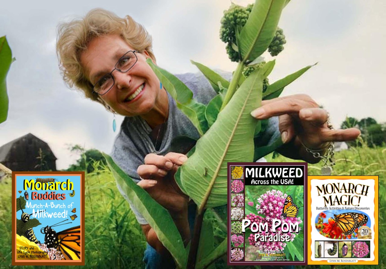 Woman holding a milkweed leaf in a field and smiling. The sky is overcast. 