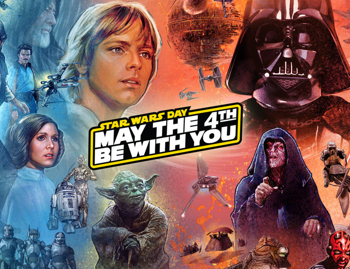 May the fourth be with you poster feature popular starwars characters including Luke Skywalker, Leia, Darth Vader (with helmet) and Emperor Palatine. The image is colored red and blue and is made to seem like it is drawn with colored pencil   