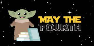 character Yoda with clipart books against a starry background and MAY THE FOURTH written in starwars font 