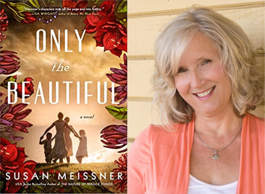 a picture of only the beautiful book cover beside a woman with blonde hair wearing a coral jacket and a white shirt. She is smiling.