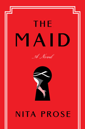 book cover of the Maid, red with black lettering and a black key hole