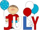 word july colored red white and blue with balloons and a cartoon child