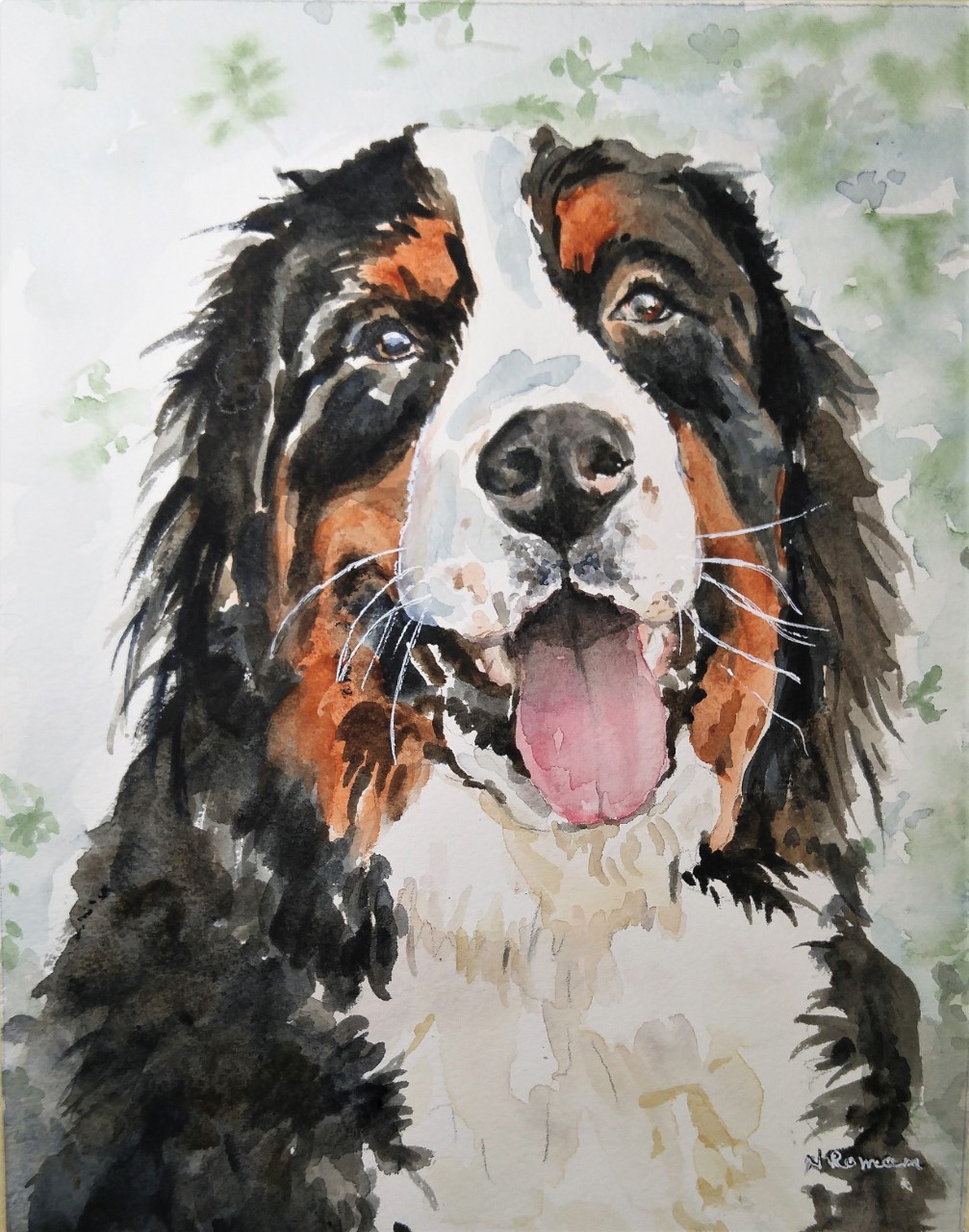 A watercolor painted version of a Burmese mountain dog, done professionally