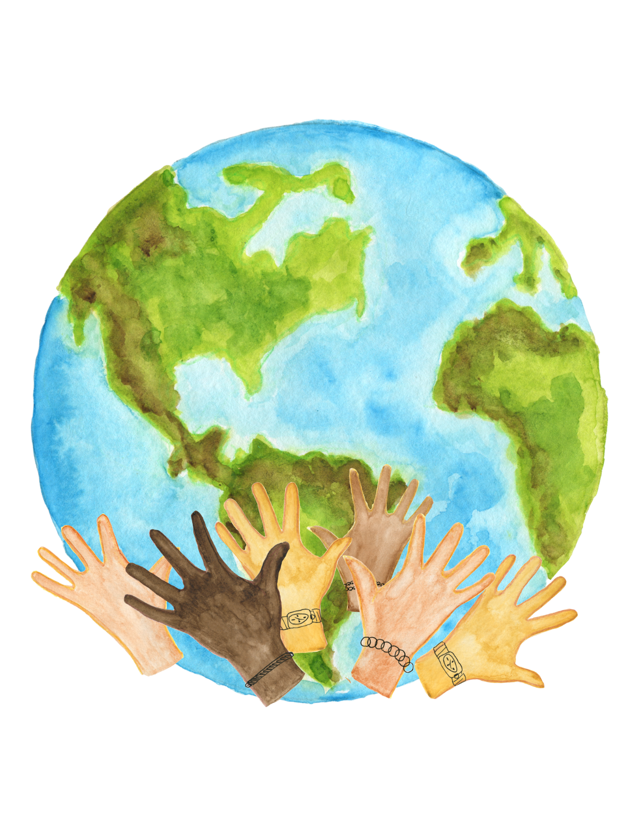 watercolor globe with blue water and green land masses and multi-ethnic hands. 
