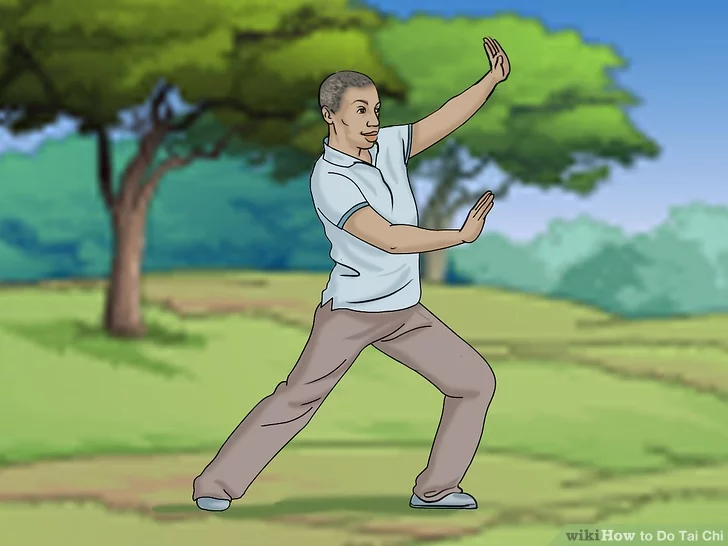 A person doing a tai-chi pose in a field background. Made in clipart style.