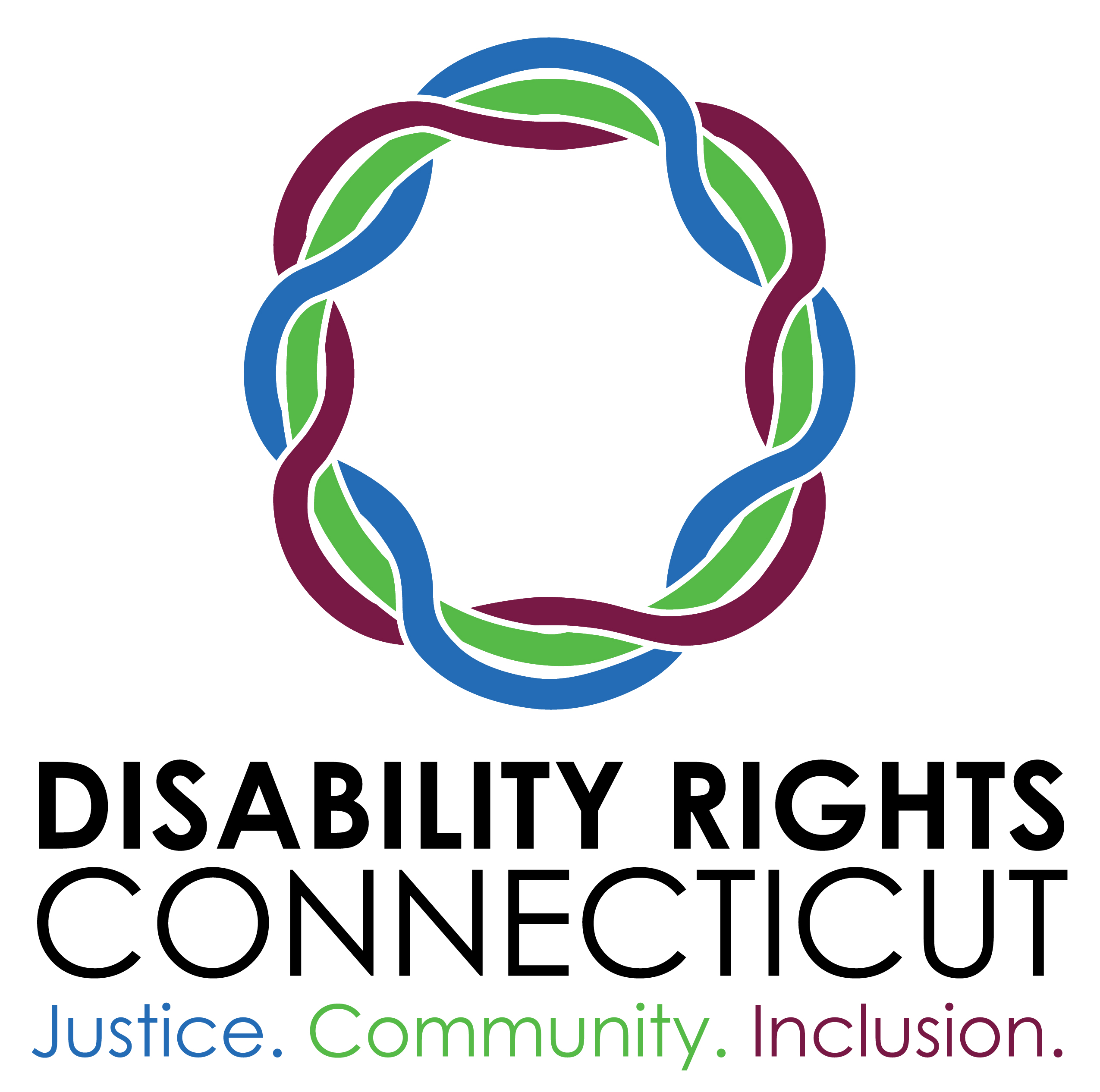 disability rights connecticut logo. Justice. Community. Inclusion. a weaved circle of blue, green, and burgandy 