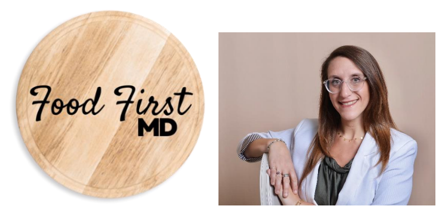 A picture of a woman in a white lab coat with the Food First MD logo to the left