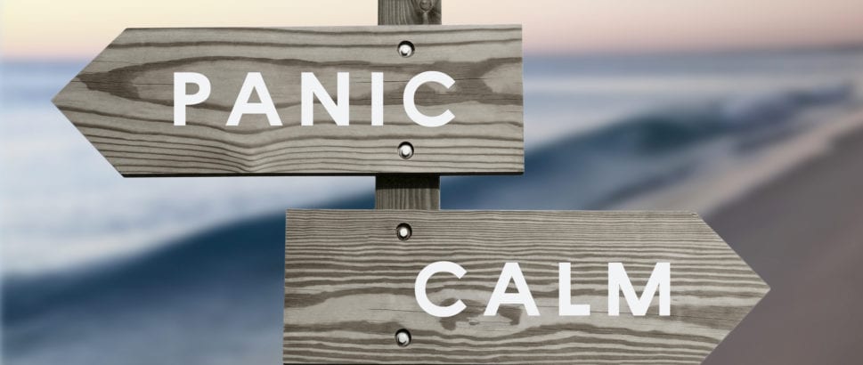 a photo of a sign with two wooden arrows against the background of a beach. the area pointing to the left has the word panic in white and the arrow pointing to the right has the word calm in white. Font is Arial or similar. 