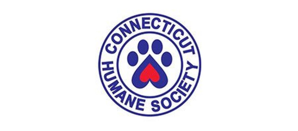 a logo with the connecticut humane society written in dark blue in a circle with a dark blue paw print in the middle and a red heart inside the bottom of the dark blue pawprint 