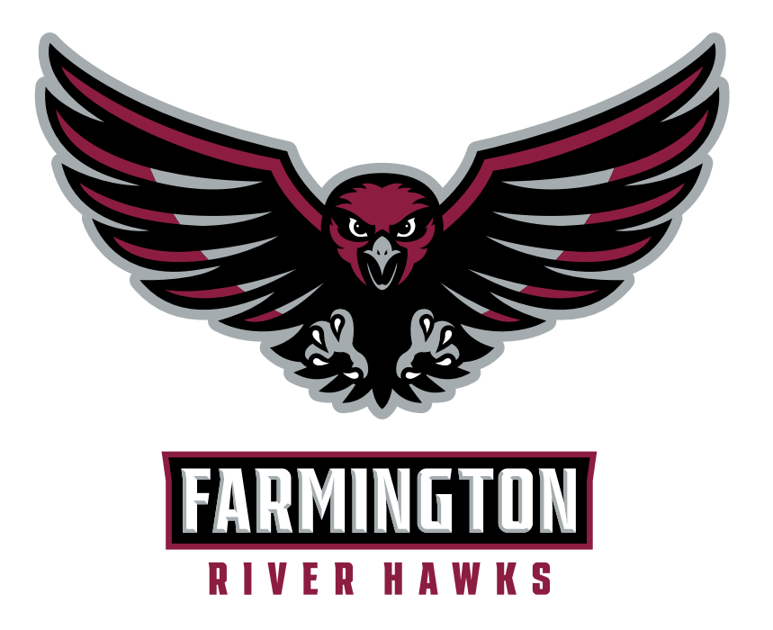a red and silver logo in the shape of a riverhawk with the talons out and the beak open
