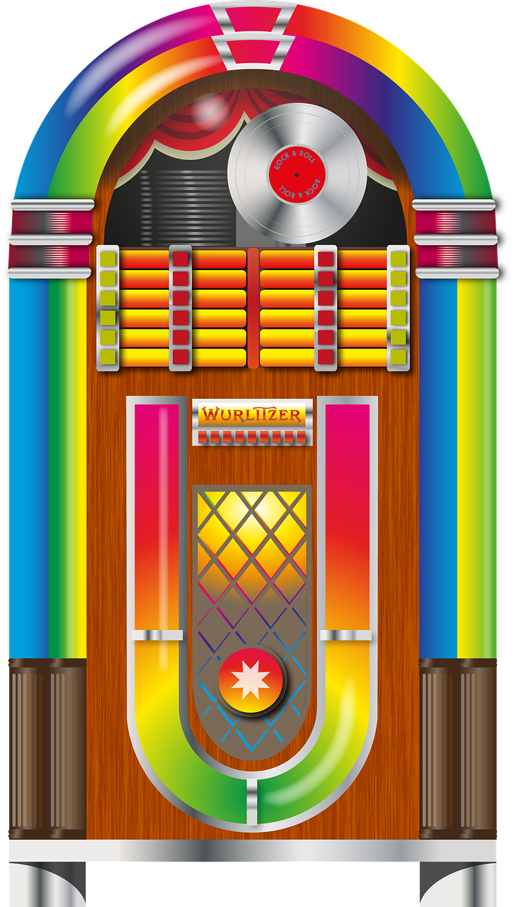 A neon jukebox against a patterned background 