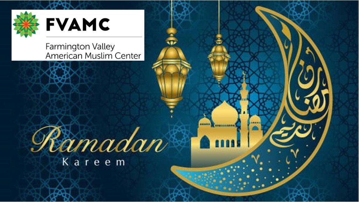 A dark blue background with "stars". A golden outlined crescent moon and two hanging objects that may be lanterns. There is a golden building on the crux of the large crescent moon. In script there is the word "Ramadan". The word under that does not have script and reads "Kareem". In the top left corner is the logo for FVAMC against a white square background. 