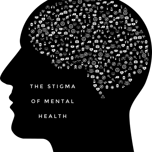 the silhouette of a person's head with many small icons where the brain would be located with the text near the mouth "The Stigma of Mental Health"  