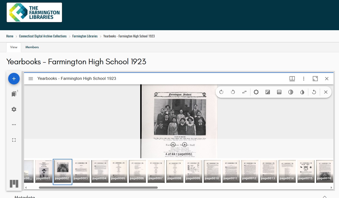 A screenshot of the 1923 Farmington High School Yearbook on the Connecticut Digital Archive. The screenshot shows that it is a multi-page document.