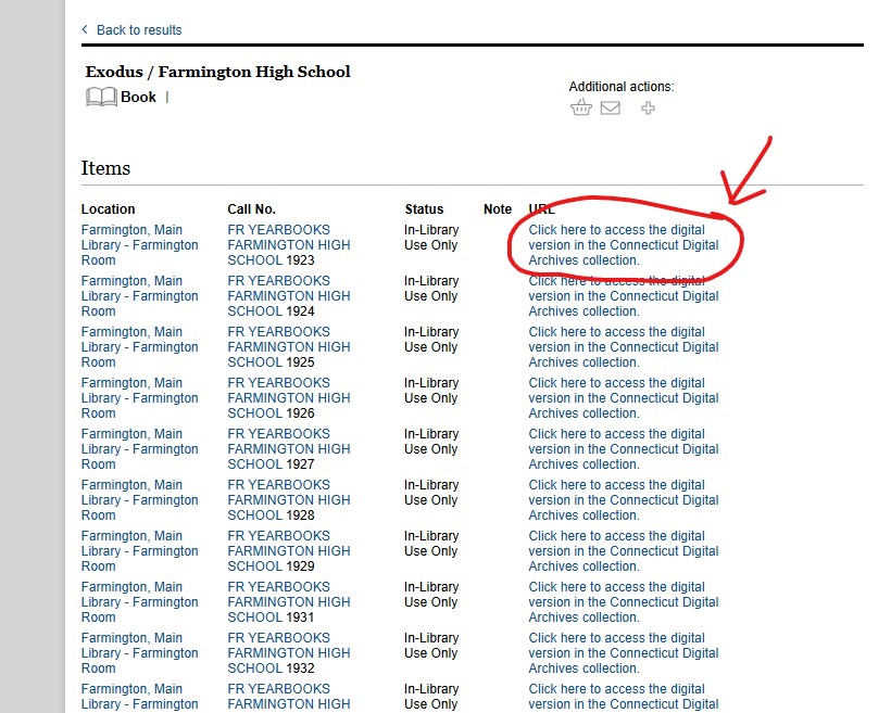 A screenshot of a catalog record for the Farmington High School Yearbooks. A link to the digitized version of the 1923 yearbook on the Connecticut Digital Archive is circled in red.