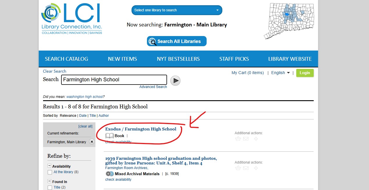 A screenshot of catalog results from a keyword search “Farmington High School” that lists the Farmington High School Yearbooks. The listing is circled in red.