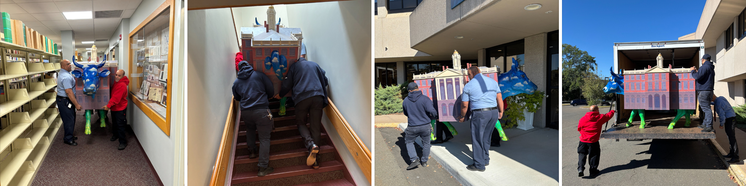Leaving the Farmington Room: The cow did not fit through our second-floor emergency exit doors or our elevator. She was detached from her (very heavy) oak platform and was carried through the library. Photo by Steve Dunn.
