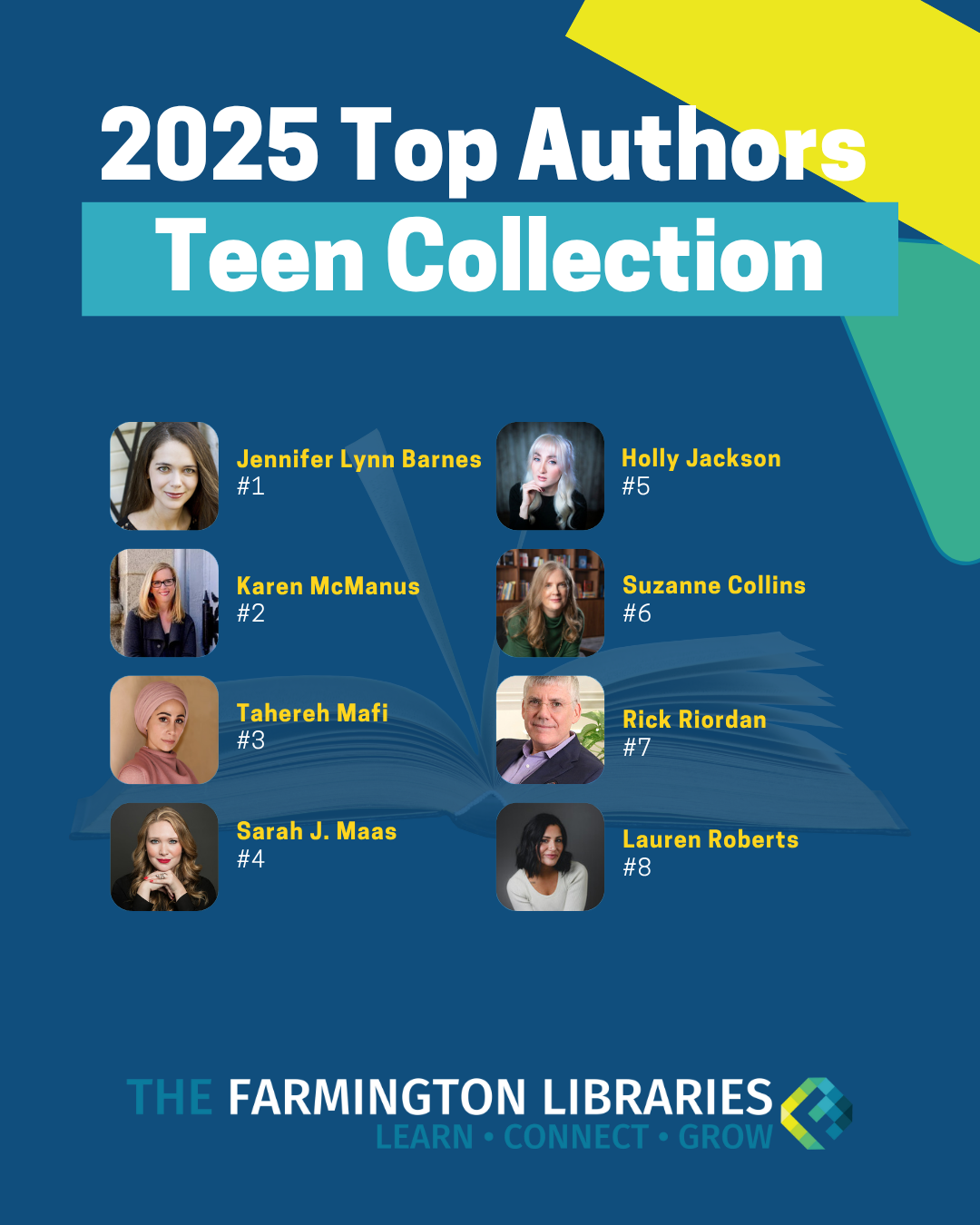 2025 Top Authors Teen Collection featuring the author photos of the top 8 circulating authors for teens