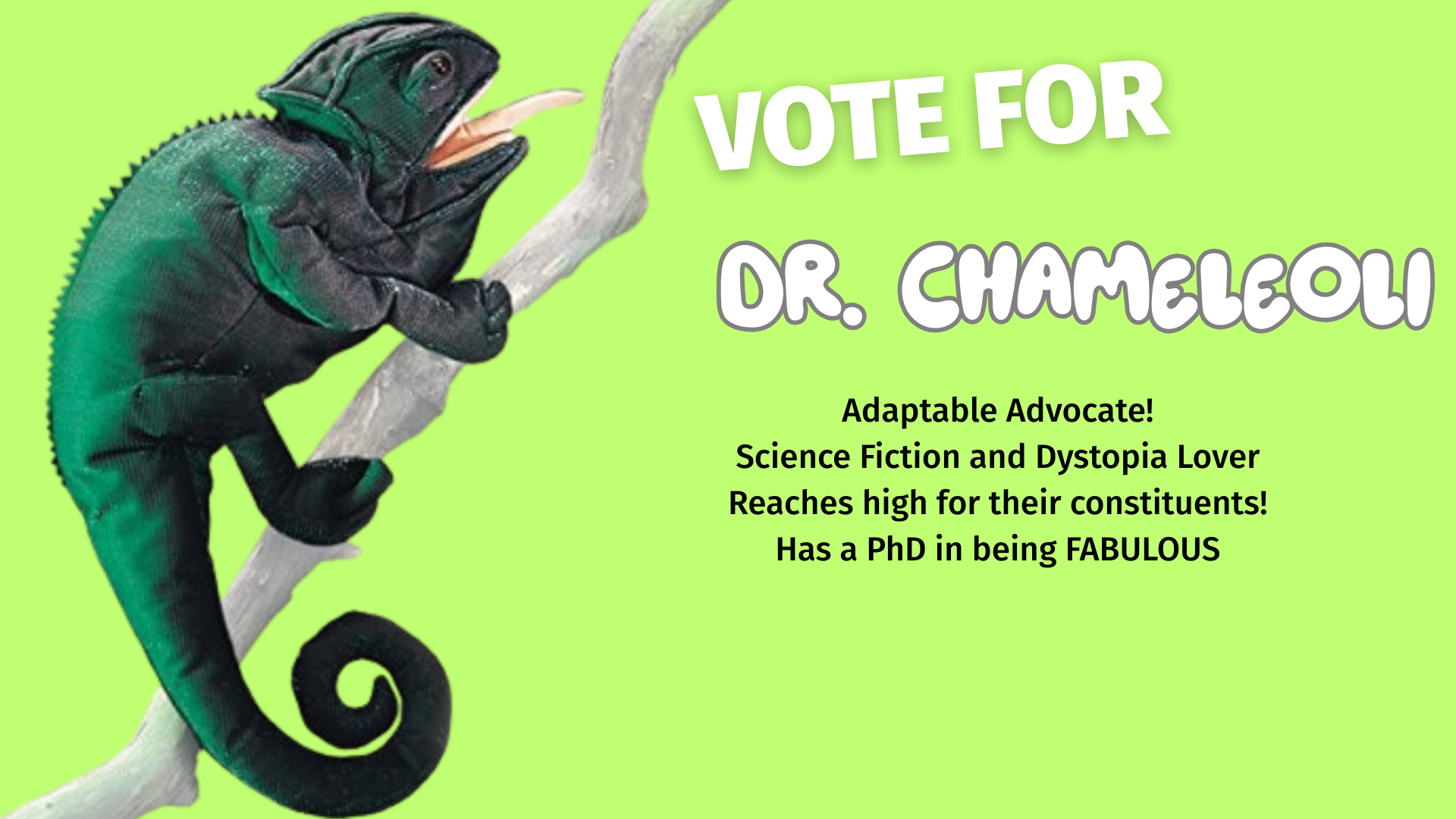 Dr. Chameleoli an Adaptable Advocate! Science Fiction and Dystopia Lover Reaches high for their constituents! Has a PhD in being FABULOUS
