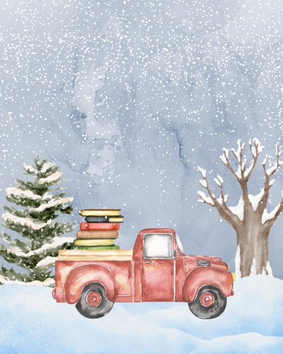 Snowy winter scene with a red truck carrying a stack of books in the bed of the truck