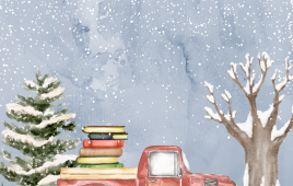 Snowy winter scene with a red truck carrying a stack of books in the bed of the truck