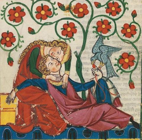 Manuscript painting of couple in embrace 