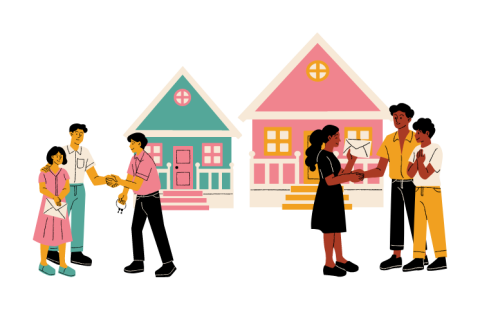 two groups of people, each with three people who seem to be in agreement for buying a house.