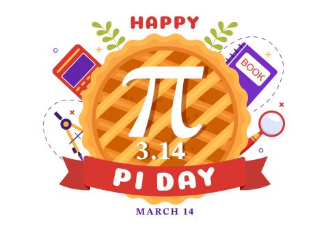a vector graphic with a centralized pie with a white pi symbol on it. There are ferns out of the top on each side was well as the word happy in red. there is a ribbon with the word pi day written in white. There is a protractor, a book, and a magnifying glass appearing from behind the pie.