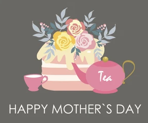 happy mother's day written underneath teapot, teacup, and flowers