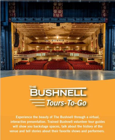 The bushnell theatre from the actors side showing empty house. Beneath that there is the program information which is the same as the description. 