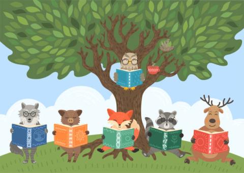 animals reading outside