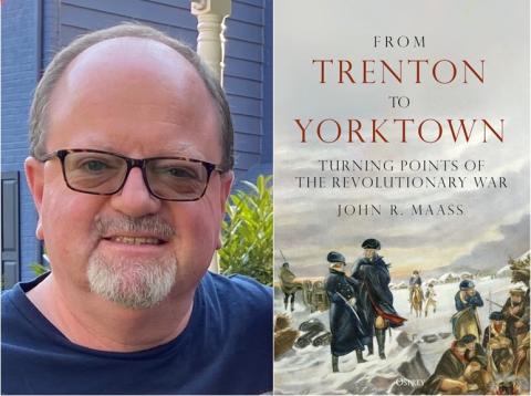 a man with glasses next a book cover of From Trenton to Yorktown; Turning points of the revolutionary war