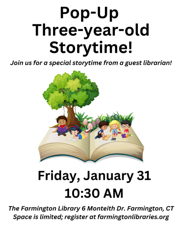 flyer with open book and children reading announcing the storytime