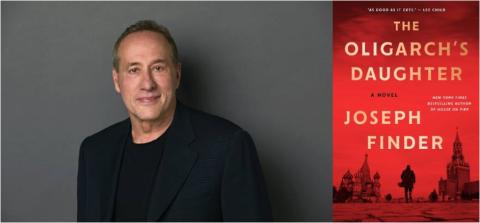 a man with black clothing against a dark grey background side by side with the cover the book The Oligarch's Daughter