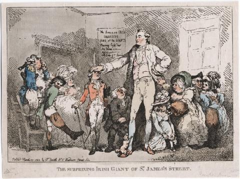 A historical cartoon depicting "The Surprising Irish Giant of St. James's Street"