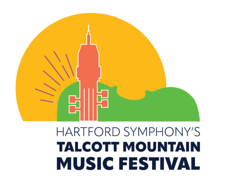 Logo with an orange tower resembling a violin bridge over a green mountain and yellow sun. Text below: “HARTFORD SYMPHONY’S TALCOTT MOUNTAIN MUSIC FESTIVAL” in dark blue.
