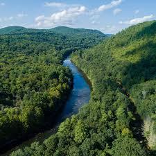 a photo of a river winding through lush green forestry against a mostly clear sky