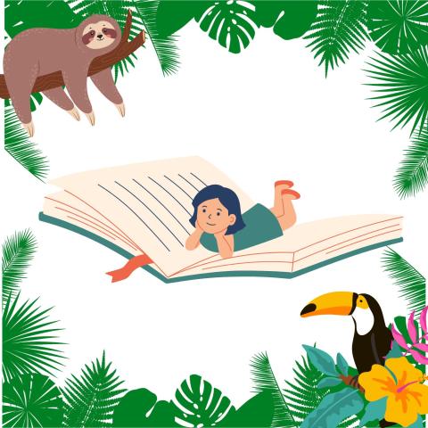a child ridding a book through a jungle with a sloth and a toucan 
