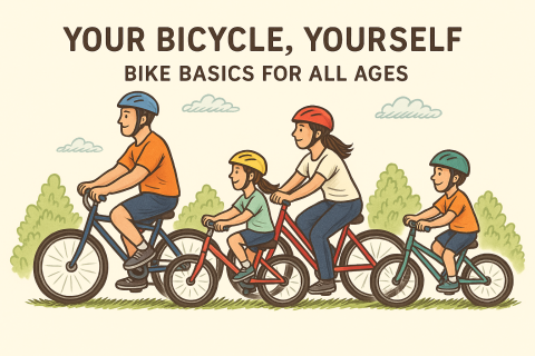 Image shows a family of four riding bicycles together outdoors. The father, mother, daughter, and son all wear helmets and ride in a line from left to right. The background features bushes, trees, and clouds. At the top, bold text reads: “YOUR BICYCLE, YOURSELF” and below that, “BIKE BASICS FOR ALL AGES.”