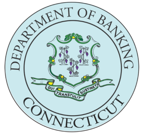 connecticut department of banking logo with a blue faded background