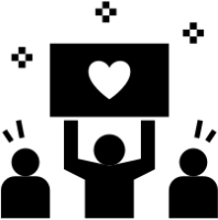 a graphic of figures, one holding up a sign with a heart, and two other figures beside them, black and white.