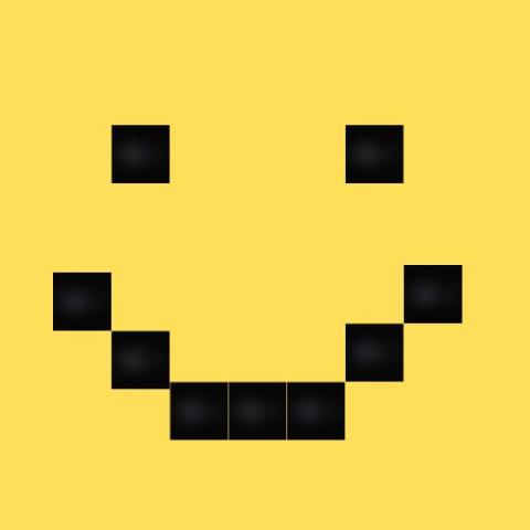 A smiley face made out of black squares (pixels) on a yellow background